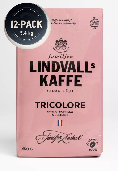 12-pack Lindvalls Tricolore Franskrost Bryggmalet kaffe 450g
